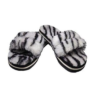 Sale Yug Trendy Cozy Furry Slippers Soft Plush Winter Footwear Black & white 5